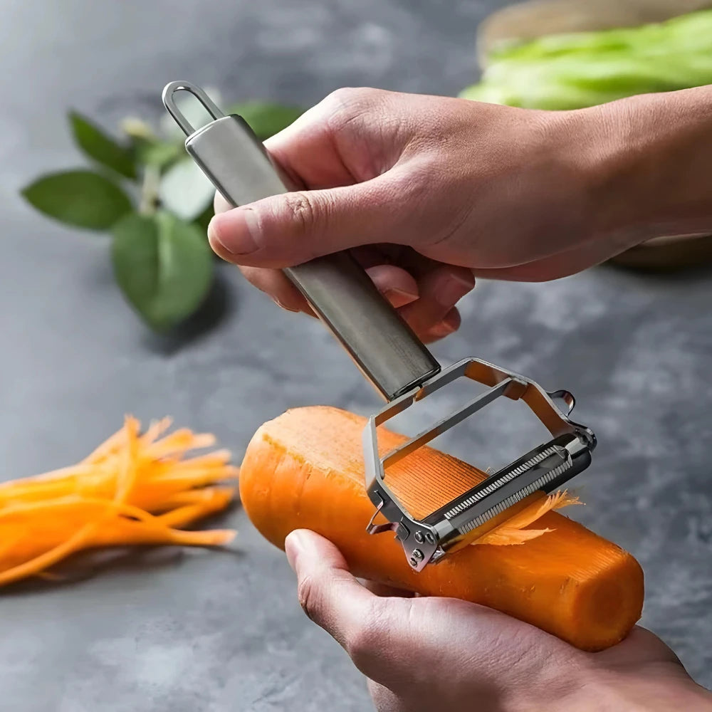 Descascador e Fatiador Dupla Lâmina em Aço Inoxidável – Unidades Avulsas ou Kit com 3 para Legumes e Frutas