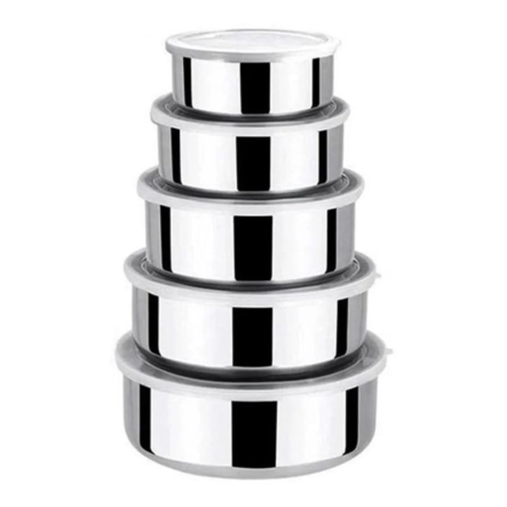 Jogo 5 Potes Tigelas em Inox com Tampa – Armazenamento Prático e Elegante