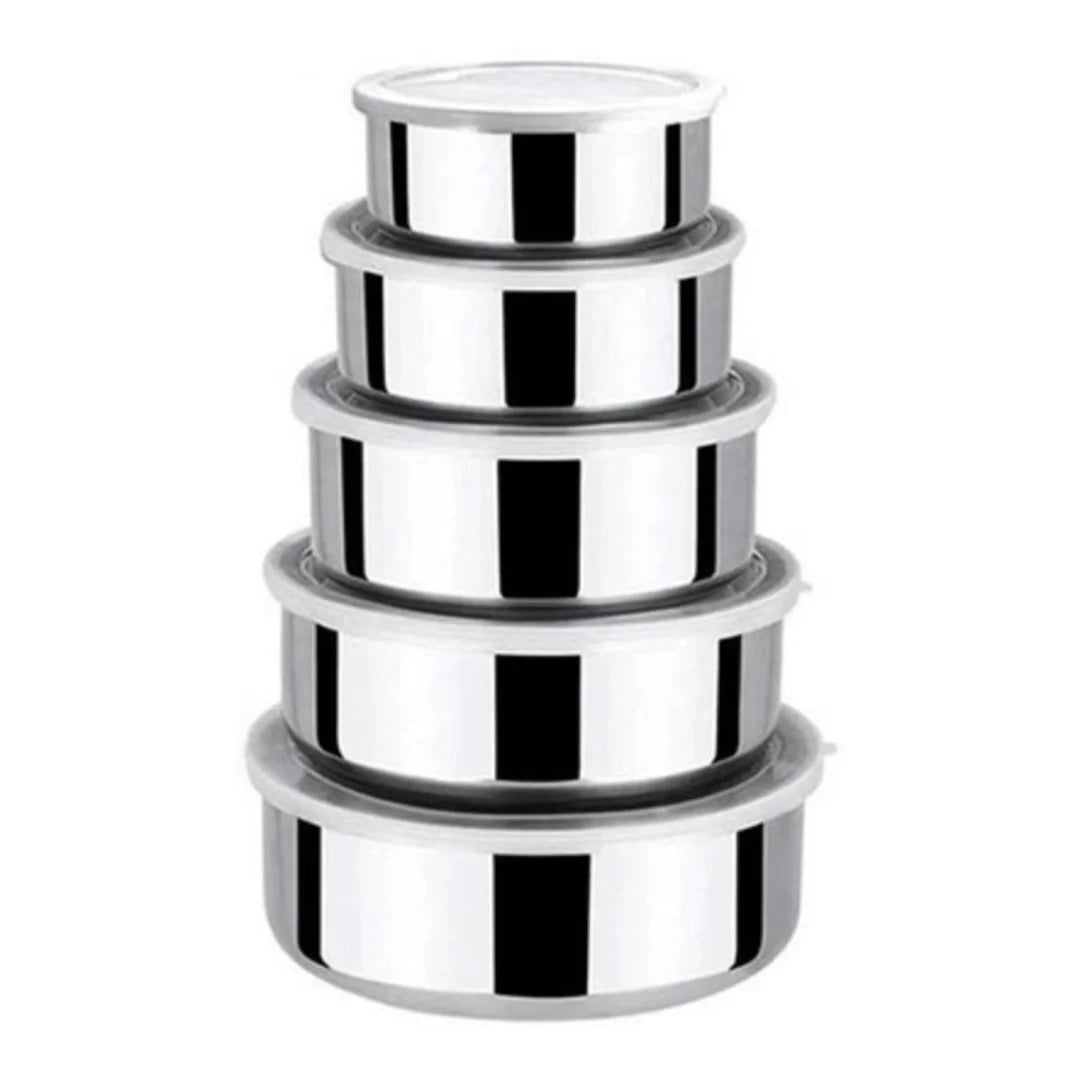 Jogo 5 Potes Tigelas em Inox com Tampa – Armazenamento Prático e Elegante