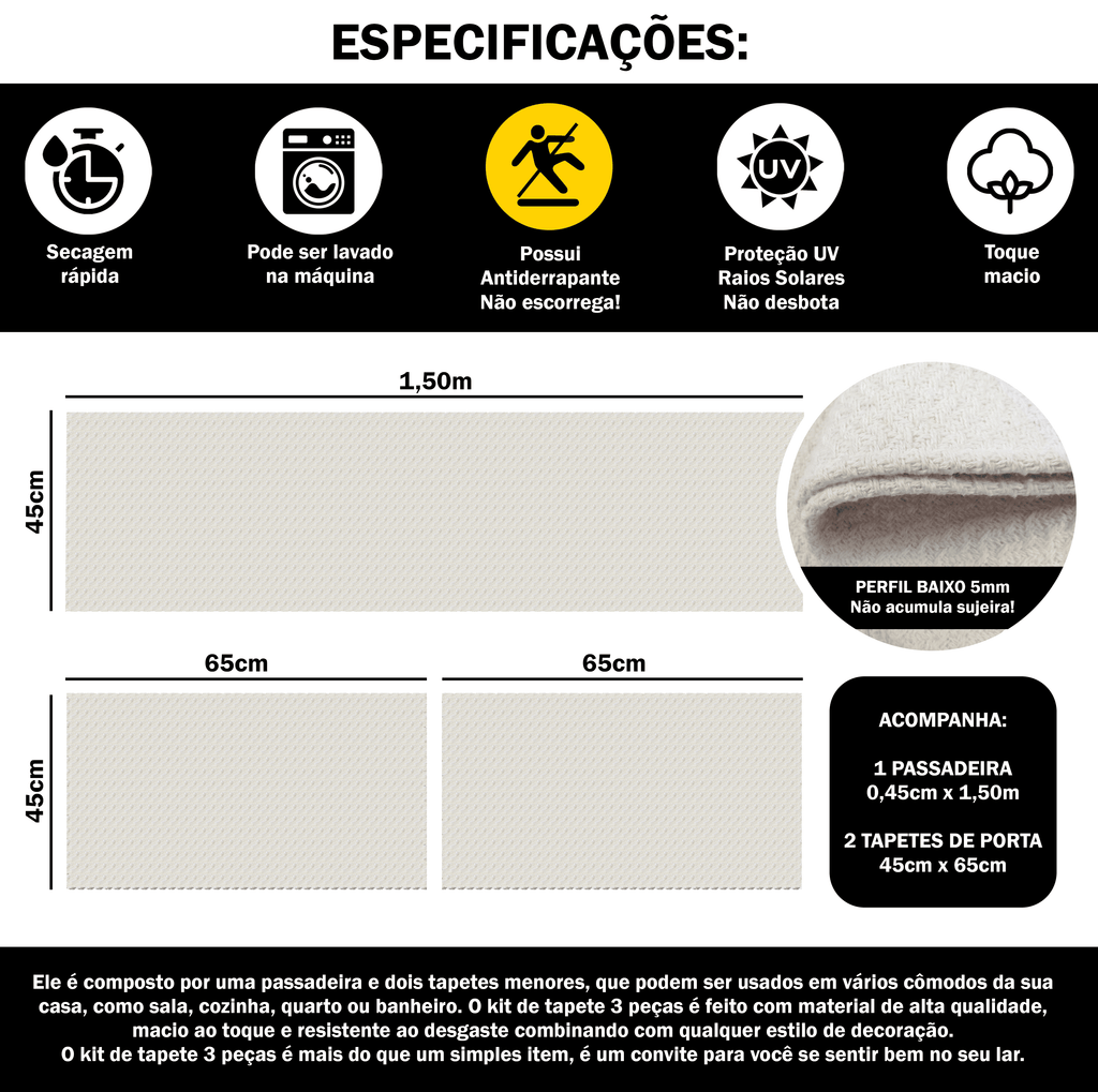 Tapete Passadeira Jogo de Cozinha 3 Peças - Cru