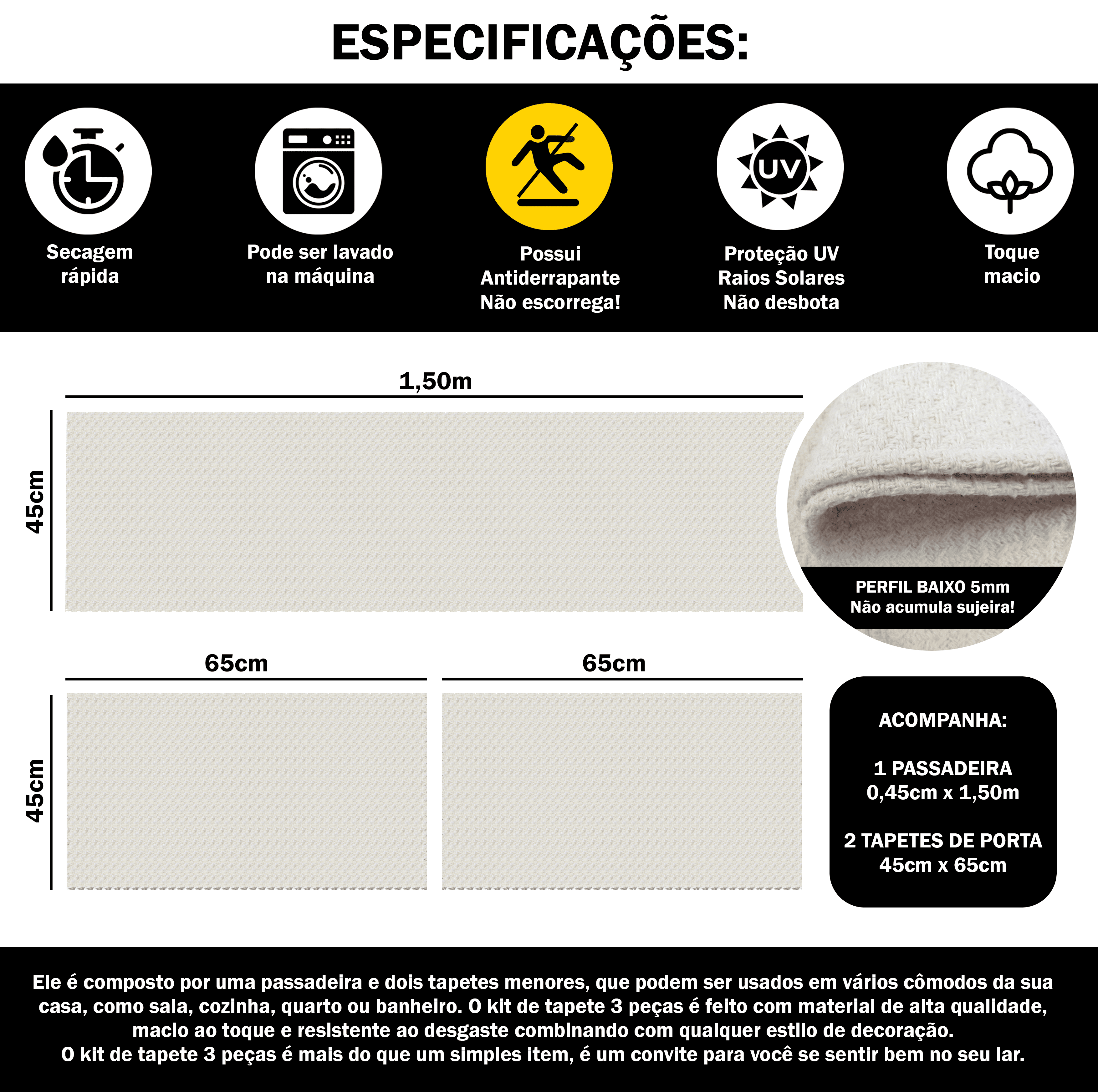 Tapete Passadeira Jogo de Cozinha 3 Peças - Cru