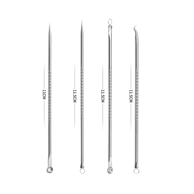 Kit 4 Peças Removedor de Cravos e Espinhas — Ferramentas Profissionais de Limpeza Facial com Agulha e Gancho para Acne e Poros