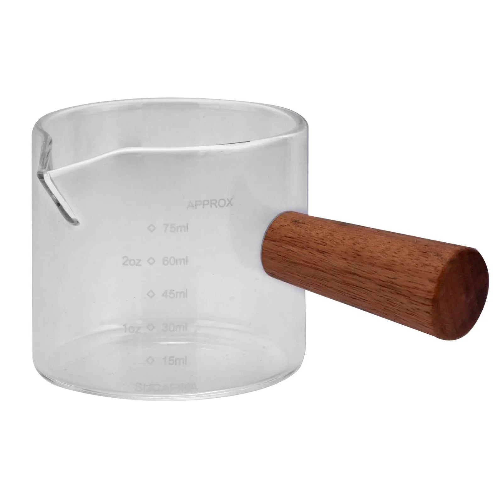 Copo Medidor de Vidro com Bico e Alça de Madeira – Barista, Leite, Café e Chá