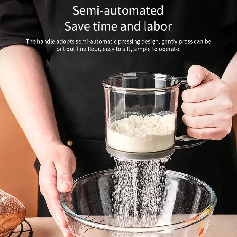 Peneira de Farinha Portátil Semiautomática – Sifter Duplo Andar com Malha Ultrafina para Cozinha e Confeitaria