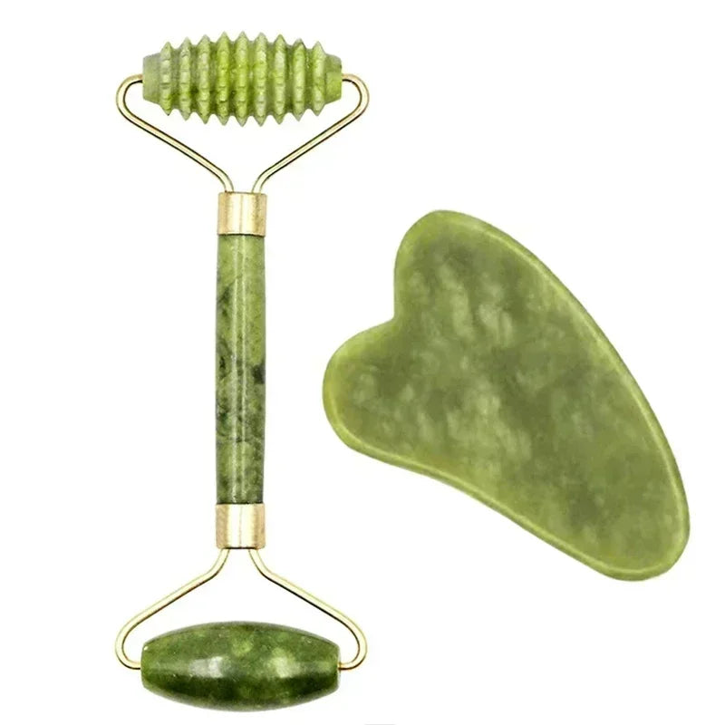 Rolo de Jade Natural e Gua Sha - Massageador Facial e Corporal